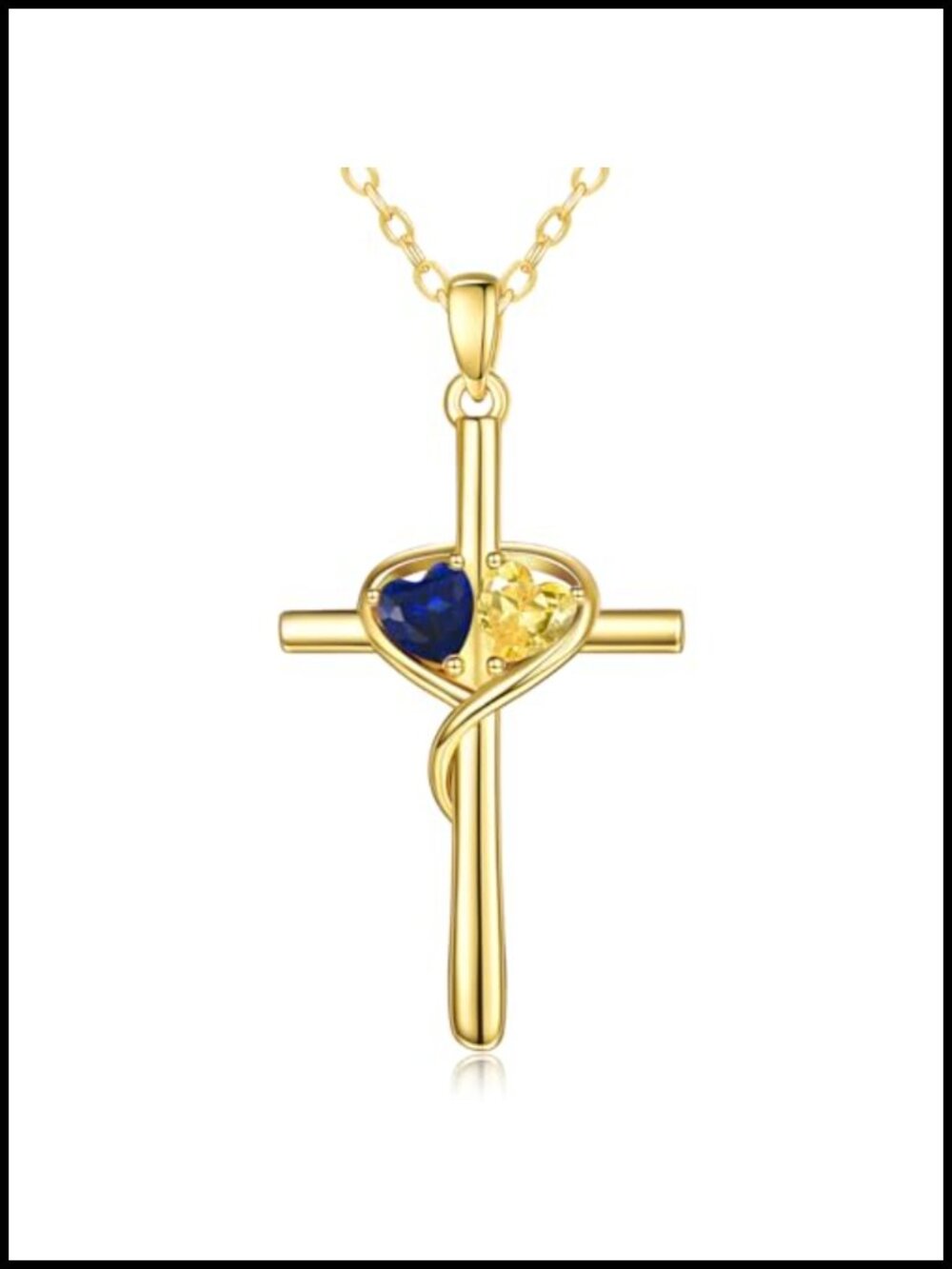 14K Gold Cross Necklace Double Birthstone Pendant Gift
